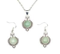 CuLtP Ensembles De Bijoux Pour Femmes, Incrustation De Filigrane Vintage, Aventurine Verte, Pendentif Rond, Collier Et Boucles D'Oreilles Pendantes, Style Baroque, Boucles D'Oreilles À Crochet Pour