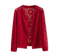 CuLtP Femmes Shrugs Légère Dentelle Manches 3/4 Ouvert Devant Boléro Cardigan Cover Up Crochet Manteau Court, Vintage Mesh Party Shrug Boléro Veste De Soirée,Vin Rouge,L
