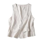 CuLtP Gilet Léger en Lin pour Femme, Col en V Boutonné, Gilet Décontracté, Coupe Ample, Léger, Basique, Veste De Costume sans Manches, Cardigan Ouvert sur Le Devant, Beige, S