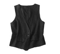 CuLtP Gilet Léger en Lin pour Femme, Col en V Boutonné, Gilet Décontracté, Coupe Ample, Léger, Basique, Veste De Costume sans Manches, Cardigan Ouvert sur Le Devant, Noir, L