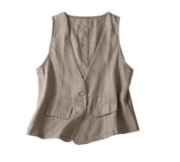 CuLtP Gilet Léger en Lin pour Femme, Col en V Boutonné, Gilet Décontracté, Coupe Ample, Léger, Basique, Veste De Costume sans Manches, Cardigan Ouvert sur Le Devant, Kaki, M