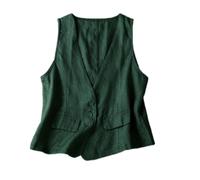 CuLtP Gilet Léger en Lin pour Femme, Col en V Boutonné, Gilet Décontracté, Coupe Ample, Léger, Basique, Veste De Costume sans Manches, Cardigan Ouvert sur Le Devant, Vert, M