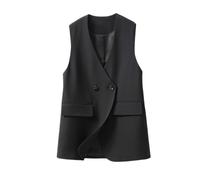 CuLtP Gilet Long pour Femme, Blazer sans Manches Entièrement Doublé, Cardigan Décontracté Ouvert sur Le Devant, Gilet De Bureau, Coupe Cintrée, Petit Costume d'affaires, Noir, L