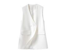 CuLtP Gilet Long pour Femme, Blazer sans Manches Entièrement Doublé, Cardigan Décontracté Ouvert sur Le Devant, Gilet De Bureau, Gilet Ajusté, Petit Costume d'affaires, Blanc, M