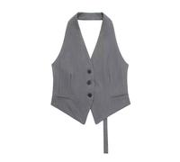 CuLtP Gilet pour Femme Col Licou Veste Vintage sans Manches, Boutonné Costume Habillé Gilet Gilet, Élégant Dos Nu Simple Boutonnage Gilet Court Blazer,Gris,S