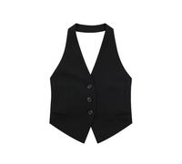 CuLtP Gilet pour Femme Col Licou Veste Vintage sans Manches, Boutonné Costume Habillé Gilet Gilet, Élégant Dos Nu Simple Boutonnage Gilet Court Blazer,Noir,S