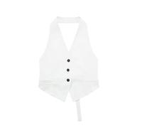 CuLtP Gilet pour Femme Dos Nu Veste Vintage sans Manches, Boutonné Costume Habillé Gilet Gilet, Élégant Dos Nu Simple Boutonnage Gilet Court Blazer,Blanc,M
