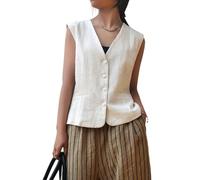 CuLtP Gilet pour Femme Entièrement Doublé, Gilet Élégant sans Manches en Pur Lin Boutonné Col en V Gilet Habillé Court Casual Costume Formel Gilet Été Crop Top Manteau,M