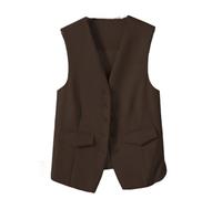 CuLtP Gilet sans Manches pour Femme, Gilet Habillé À Col en V Court, Gilet De Costume Formel Occasionnel, Haut Court D'Été, Manteau De Gilet De Bureau De Travail Boutonné Mince Élégant,Marron