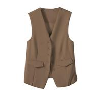 CuLtP Gilet sans Manches pour Femme, Gilet Habillé À Col en V Court, Gilet De Costume Formel Occasionnel, Haut Court D'Été, Manteau De Gilet De Bureau De Travail Boutonné Mince Élégant,Kaki,X