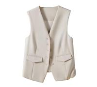 CuLtP Gilet sans Manches pour Femme, Gilet Habillé À Col en V Court, Gilet De Costume Formel Occasionnel, Haut Court D'Été, Manteau De Gilet De Bureau De Travail Boutonné Slim Élégant,Beige,X