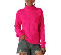 CuLtP Pull Tricoté À Col Roulé pour Femme, Pull en Tricot Torsadé À Manches Longues De Couleur Fluorescente pour Femme, Pull Tricoté Épais Et Chaud, Pull d'hiver pour Femme, Rose Fluo, S