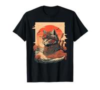 Culture Animée Orientale Du Japon T-Shirt Chat De Samouraï Japonais Noir Vague T-Shirt Unisex-Adultes Petit Regular Manche Courte