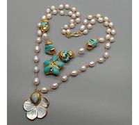 Cultured White Rice Pearl Blue Carved Shell Flower Pendant Necklace 19"