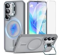 Cum2giff Coque pour Samsung Galaxy S24/S25 avec Béquille Intégrée, Compatible avec MagSafe, Magnétique Coque S24/S25 avec Verre Trempé, Antichoc Protection Etui Housse Case, Gris