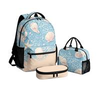 Cumagical Ensemble de 3 pièces pour filles - Sac à dos, boîte à déjeuner, trousse à crayons - Avec poignée supérieure - Imprimé complet, Coquillage, One Size, Ensemble sac à dos d'école