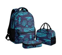 Cumagical Sac à dos d'école 3 pièces pour garçons, boîte à déjeuner, trousse à crayons, adolescent, étudiant, ensemble quotidien, poches latérales, sac à livres imprimé complet, Coquillage