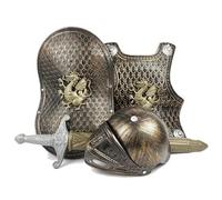 Cunlvyyds Costume de chevalier pour enfants, armure médiévale à motif dragon comprenant casque, bouclier, épée et gilet pare-balles, déguisements pour enfants 4 pièces/ensemble pour jeux de rôle.