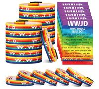 Cunno Lot de 24/48 bracelets WWJD avec cartes de verset de la Bible, Philippiens 2 : 5-7 What Would Jesus Do Bracelets tissés réglables arc-en-ciel Bracelets religieux Cadeau religieux pour Vbs Church