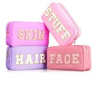 Cunno Preppy Lot de 4 Trousses de Maquillage élégantes en Nylon avec Fermeture éclair, pour Femmes, Motif Lettres en Chenille, Couleurs mélangées, Voyage