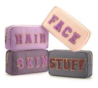 Cunno Preppy Lot de 4 Trousses de maquillage élégantes, trousses en tissu chenille avec fermeture éclair, pour femmes, motif Lettres, Violet (Mystery)