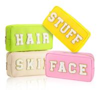 Cunno Preppy Lot de 4 Trousses de maquillage élégantes, trousses en tissu chenille avec fermeture éclair, pour femmes, motif Lettres, Lovely Luster (Energetic)