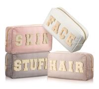 Cunno Preppy Lot de 4 Trousses de maquillage élégantes, trousses en tissu chenille avec fermeture éclair, pour femmes, motif Lettres, Abricot clair (Soft)