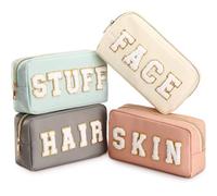 Cunno Preppy Lot de 4 Trousses de maquillage élégantes, trousses en tissu chenille avec fermeture éclair, pour femmes, motif Lettres, Crème (Soft)