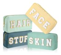 Cunno Preppy Lot de 4 Trousses de maquillage élégantes, trousses en tissu chenille avec fermeture éclair, pour femmes, motif Lettres, Menthe (Fresh)