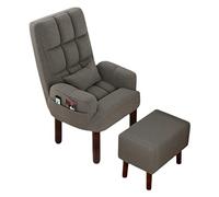 CUNTO Fauteuil avec repose-pieds, chaise confortable avec pieds en bois, chaise de bureau en coton et lin respirant, dossier inclinable, design ergonomique, gris