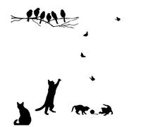 CUNYA 2 ensembles noir mignon Stickers muraux, chats jouant et oiseaux sur les branches des arbres bricolage papier peint peintures murales décoration de la maison pour les chambres, salon, fenêtre