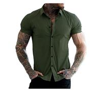 CUOREZ Chemise à Manches Courtes pour Homme Muscle Col Ras du Cou Sport Décontractée Sans Repassage, vert militaire, L