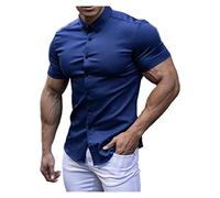 CUOREZ Chemise à Manches Courtes pour Homme Muscle Col Ras du Cou Sport Décontractée Sans Repassage, bleu marine, L