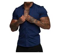 CUOREZ Muscle Chemise à manches courtes pour homme avec revers - Couleur fine - Style décontracté - Sans repassage, bleu marine, M