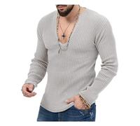 CUOREZ Pull en tricot pour homme - Automne et hiver - Couleur ajustée - T-shirt à manches longues - Gris moyen - Taille L