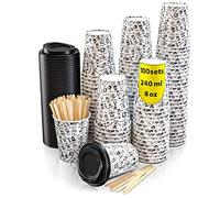 CupCup 100 Gobelets Carton pour Café à Emporter - Tasse 240ml avec Couvercles et Agitateurs en Bois pour Servir le Café, le Thé, des Boissons Chaudes et Froides