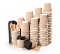CupCup 110 Kraft Ondulation Double Paroi Gobelets Carton pour Café à Emporter - Tasse 240ml avec Couvercles et Agitateurs en Bois pour Servir Le Café, Le Thé, des Boissons Chaudes et Froides
