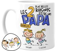 Cupdarling® Mug Bonus Papa Personnalisé - Les 2 Plus Belles Raisons D'Être un Beau-Père - Tasse Cadeau pour Fête Des Pères ou Anniversaire - 330 mL Céramique