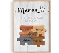 Cupdarling® - Poster personnalisé pour maman - « Tu es la pièce du puzzle qui nous unit » - Cadeau pour la fête des mères avec message - Décoration murale (A4, A3) avec ou sans cadre (4 enfants)