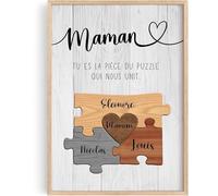 Cupdarling® - Poster personnalisé pour maman - « Tu es la pièce du puzzle qui nous unit » - Cadeau pour la fête des mères avec message - Décoration murale (A4, A3) avec ou sans cadre (3 enfants)