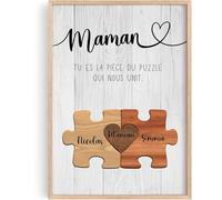 Cupdarling® - Poster personnalisé pour maman - « Tu es la pièce du puzzle qui nous unit » - Cadeau pour la fête des mères avec message - Décoration murale (A4, A3) avec ou sans cadre (2 enfants)