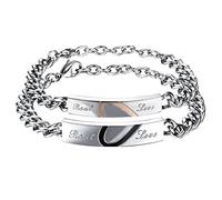 Cupimatch 2 pcs Bracelet Couple en Coeur Puzzle Gravé Real Love en Acier Inoxydable,Bijoux Fantaisie avec Chaîne pour Homme,Femme Amoureux - Noir Doré