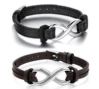 Cupimatch 2 Pcs Bracelets Réglable Amour Infini pour Couple,Rétro Signe Infini Aiment Bracelet en Acier Inoxydable + Corde Cuir pour Homme et Femme,Noir et Brun