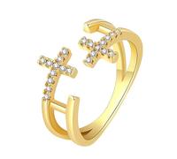 Cupimatch Bague Double Croix Femme : Bague en Zircon Ouverte Ajustable Religieuse Chrétienne Élégante avec Pierres Étincelantes Or- Cadeau Noël, Saint-Valentin