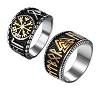 Cupimatch Bague Homme Viking 2 Pièces : Alliance Acier Inoxydable Vegvísir et Symbole Odin 62- Bijou Nordique Style Moto Cadeau Fête des Pères