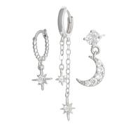 Cupimatch Boucles d'Oreille Femme Zircon: Ensemble 3 Pièces Lune et Étoile Zircon Empilable - Bijou Céleste Fantaisie Argent - Cadeau Saint-Valentin Anniversaire
