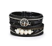 Cupimatch Bracelet Arbre de Vie Manchette Cuir Multicouche Style Bohémien avec Boucle Magnétique,Bracelet Tressés pour Femmes Épouse Mère,3 Couleurs au Choix