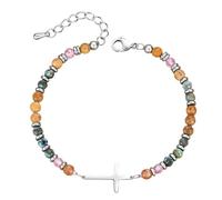 Cupimatch Bracelet Femme Amitié Croix : Bracelet Pierres Naturelles et Acier Inoxydable Réglable Bijou Chrétien pour Sœur Argent- Cadeau Baptême, Anniversaire, Noël