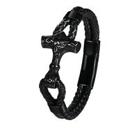 Cupimatch Bracelet Homme Viking Cuir: Bracelet Acier Inoxydable Tressé Cuir PU avec Mjolnir Viking Nordique Style Vintage et Punk Motard - Cadeau Anniversaire Fête des Pères