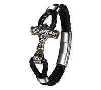 Cupimatch Bracelet Viking Mjölnir pour hommes : acier inoxydable marteau de Thor Bracelet en cuir gothique Bracelet en cuir PU Bracelet réglable nordique pour hommes 21,5 cm Bracelets Rock Punk
